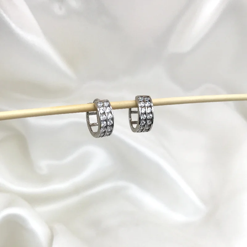 Simple Stud Earrings-925 Sterling Silver Double Row CZ Huggies- 2 Sizes