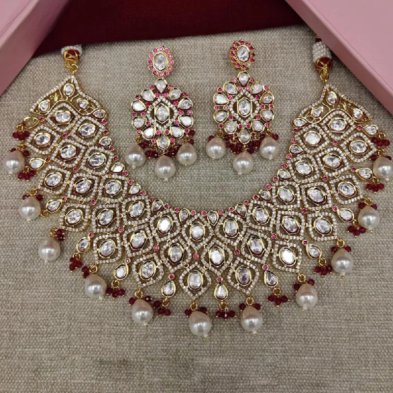 Designer Gold Necklace-Amoliya Jewels Gold Plated Polki Kundan Stone And Pearls Necklace Set