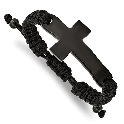 Handmade Leather Bracelets-Stainless Steel Polished Black IP Black Nylon Adjustable Cross Bracelet - Engravable