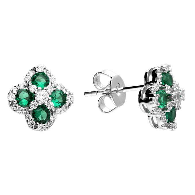 High-Quality Stud Earrings-Sterling Silver Cubic Zirconia Green White Clover Stud Earrings