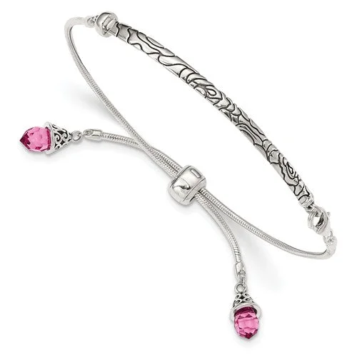 Custom Nameplate Bracelets-Sterling Silver Pink Crystal Tassel Adjustable Bolo Bracelet