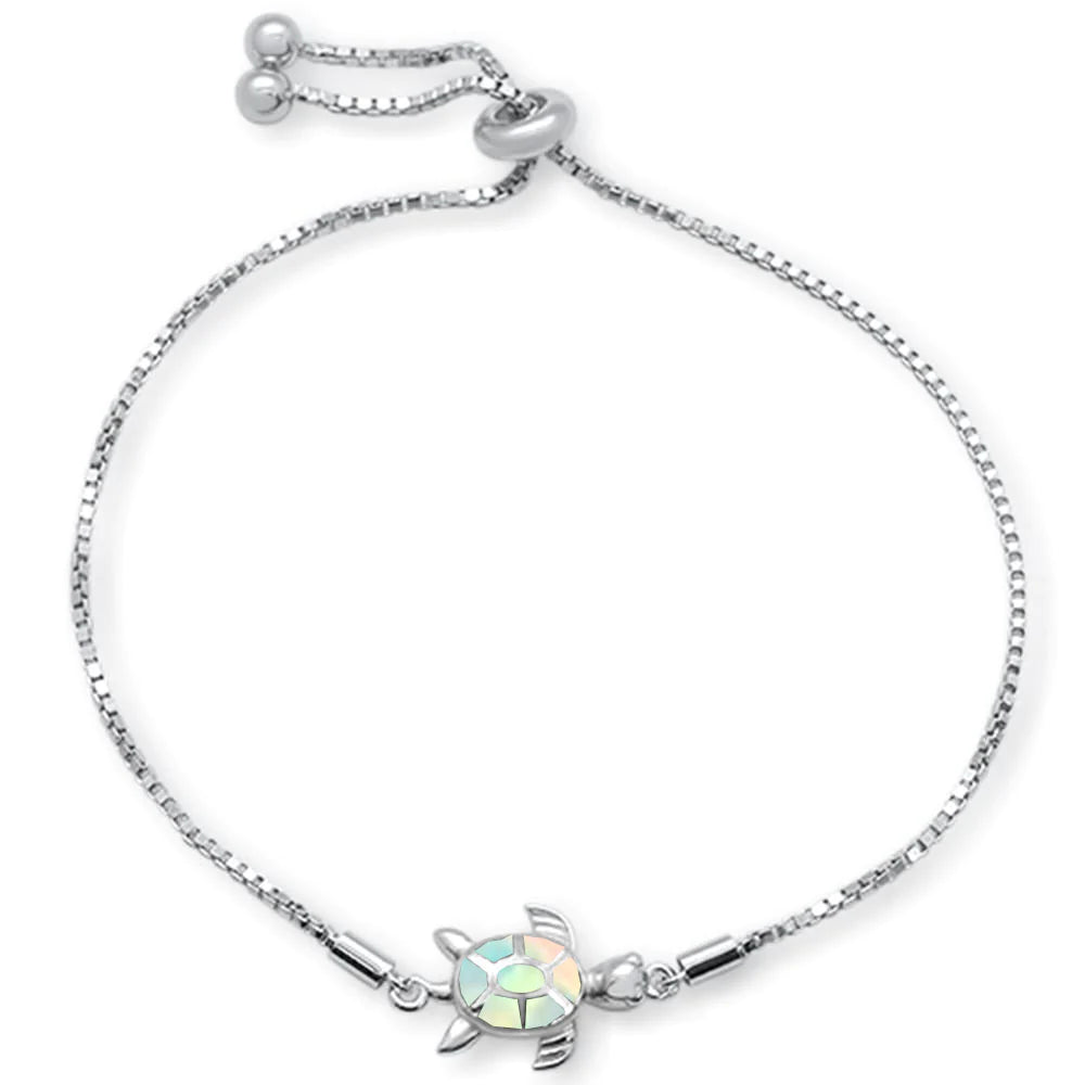 Stackable Charm Bracelets-Sterling Silver White Opal Turtle Adjustable Bolo Bracelet