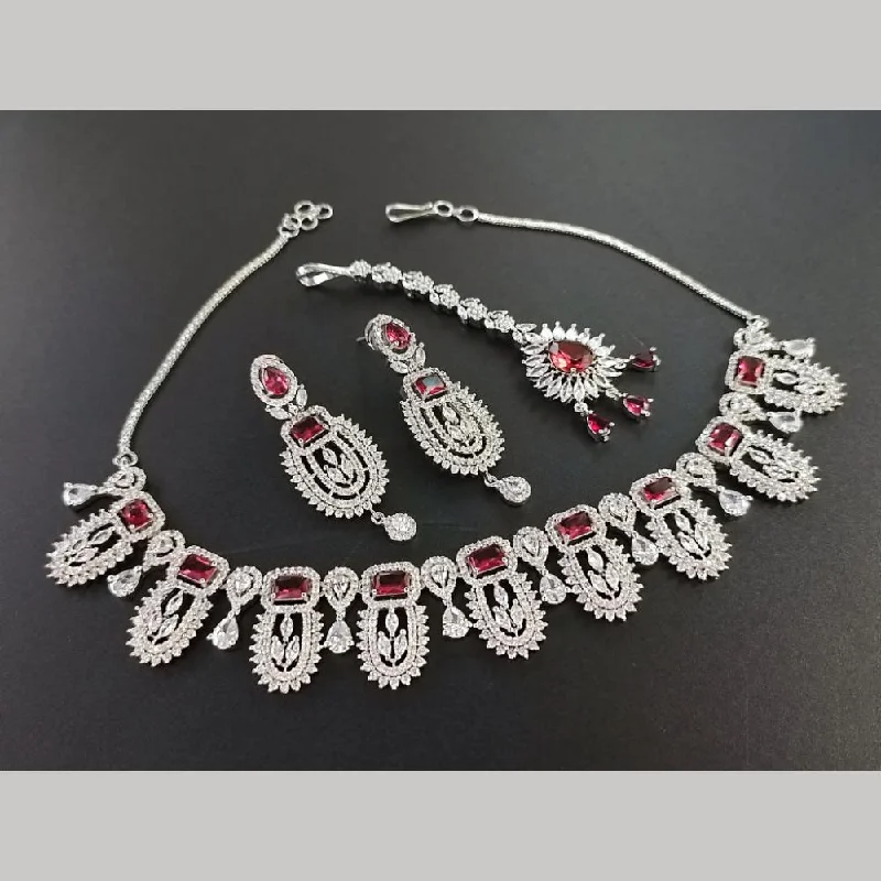 Statement Necklace for Bridesmaids-FS Collection Silver Plated American Diamonds Necklace Set