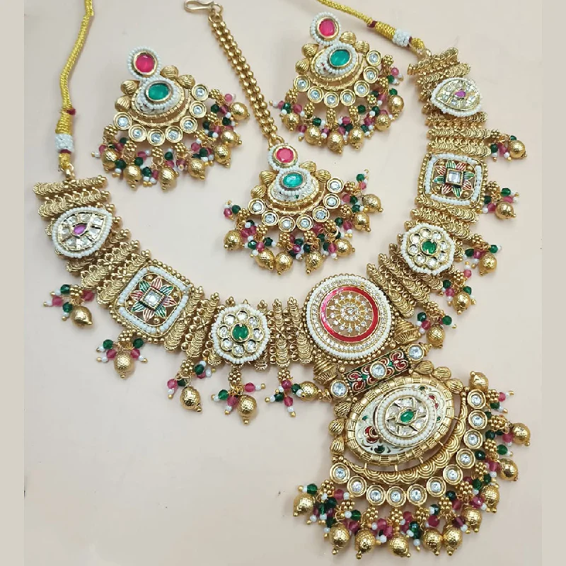 Layered Pendant Necklace-Padmawati Bangles Gold Plated Polki Kundan Stone And Pearls Meenakari Necklace Set