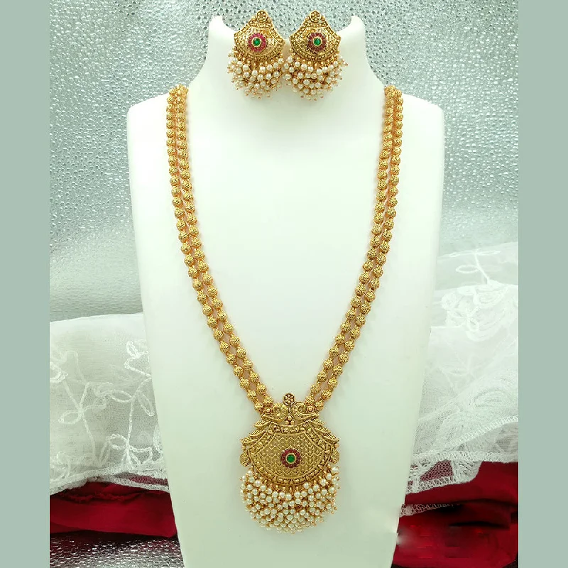 Double Layer Gold Necklace-Joyful Jewel Art Matte Gold Plated Pota Stone And Pearl Long Necklace Set