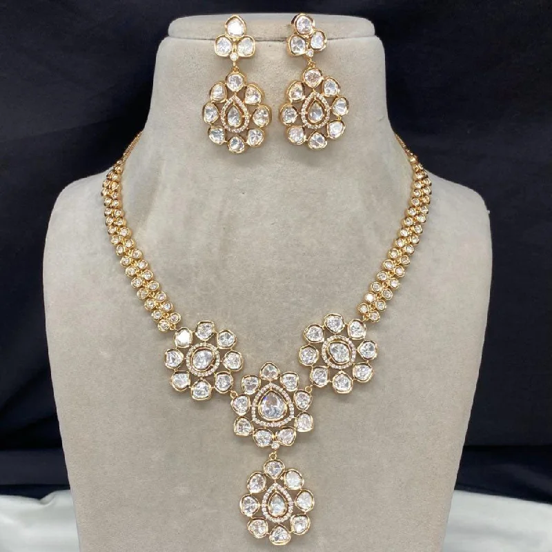 Vintage Gemstone Necklace-Amoliya Jewels Gold Plated Polki Kundan Stone Necklace Set