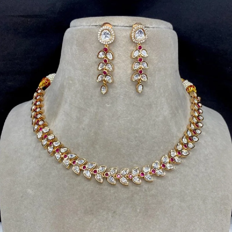 Luxury Pearl Necklace-Amoliya Jewels Gold Plated Polki Kundan Stone Necklace Set