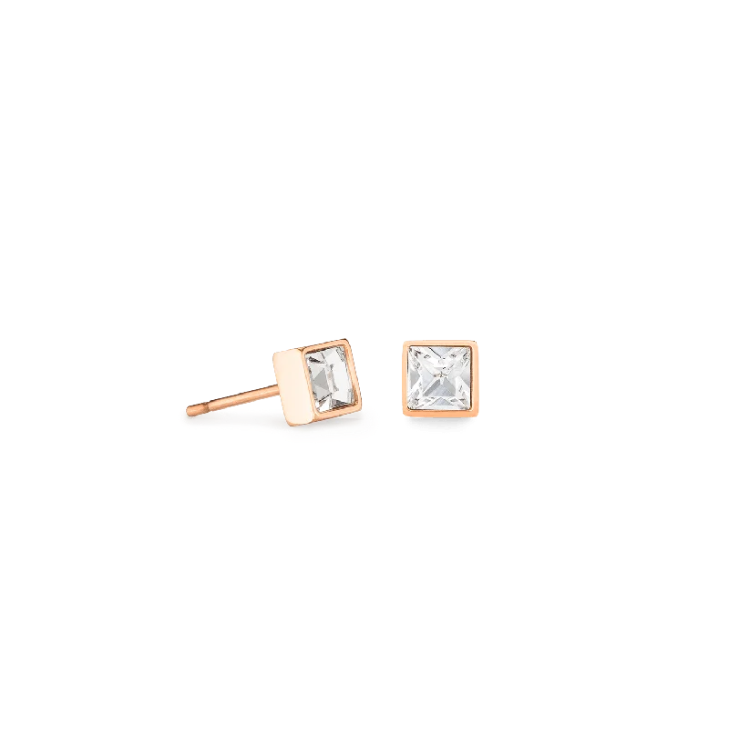 Silver Hoop Earrings-Coeur De Lion Brilliant Square Rose Gold and Crystal Stud Earrings