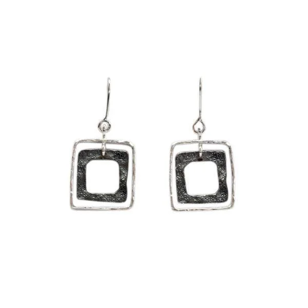 Long Statement Earrings-Sterling Silver Double Square Drop Earrings