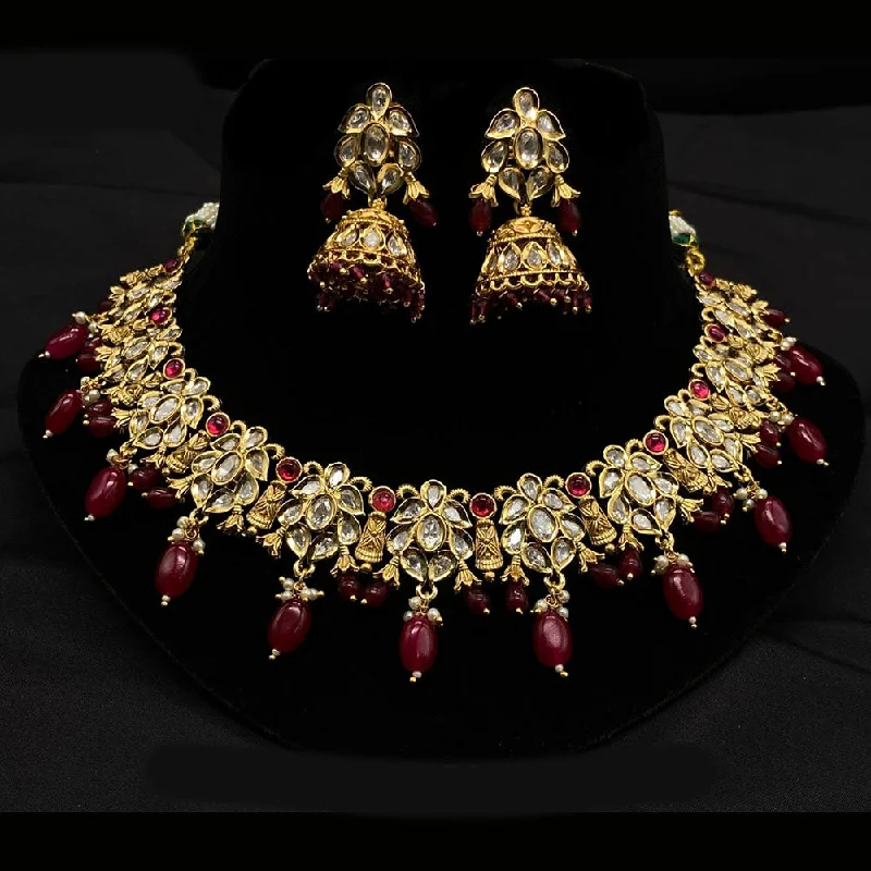 Heart Shaped Gold Necklace-Amoliya Jewels Gold Plated Polki Kundan Stone And Beads Necklace Set