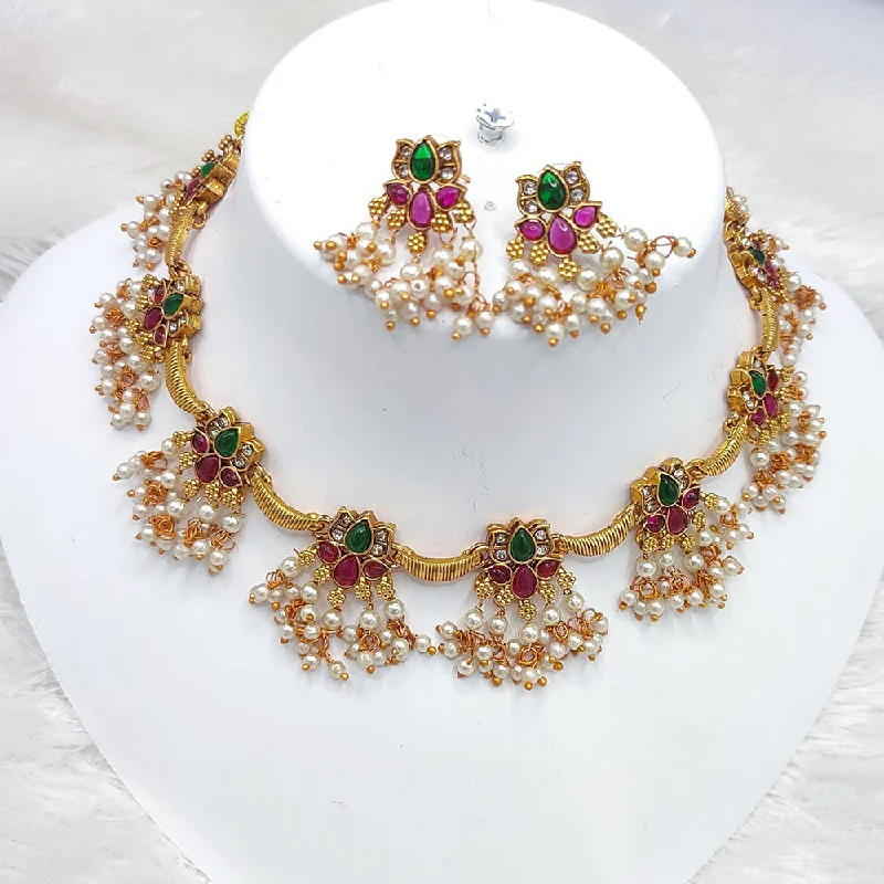 Simple Diamond Necklace-Lucentarts Gold Plated Pota Stone & Pearls Choker Necklace Set