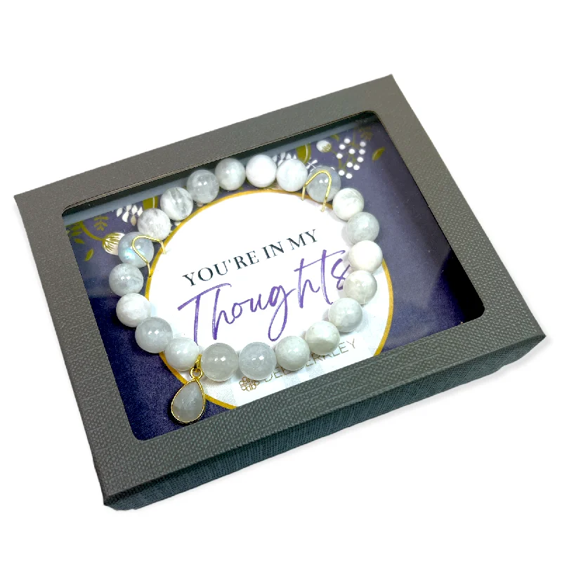 Vintage Leather Bracelets-Moonstone with Gold Charm "You're in My Thoughts" Bracelet Gift Box