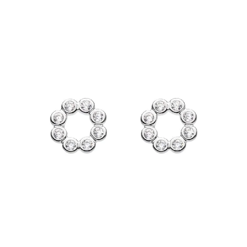 Ethnic Earrings-Silver Beaded Open Circle Cubic Zirconia Stud Earrings