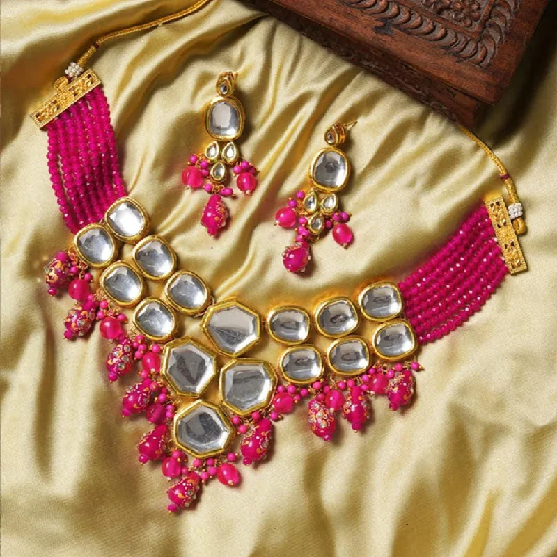 Unique Designer Necklace-FS Collection Gold Plated Kundan Stone And Beads Necklace Set